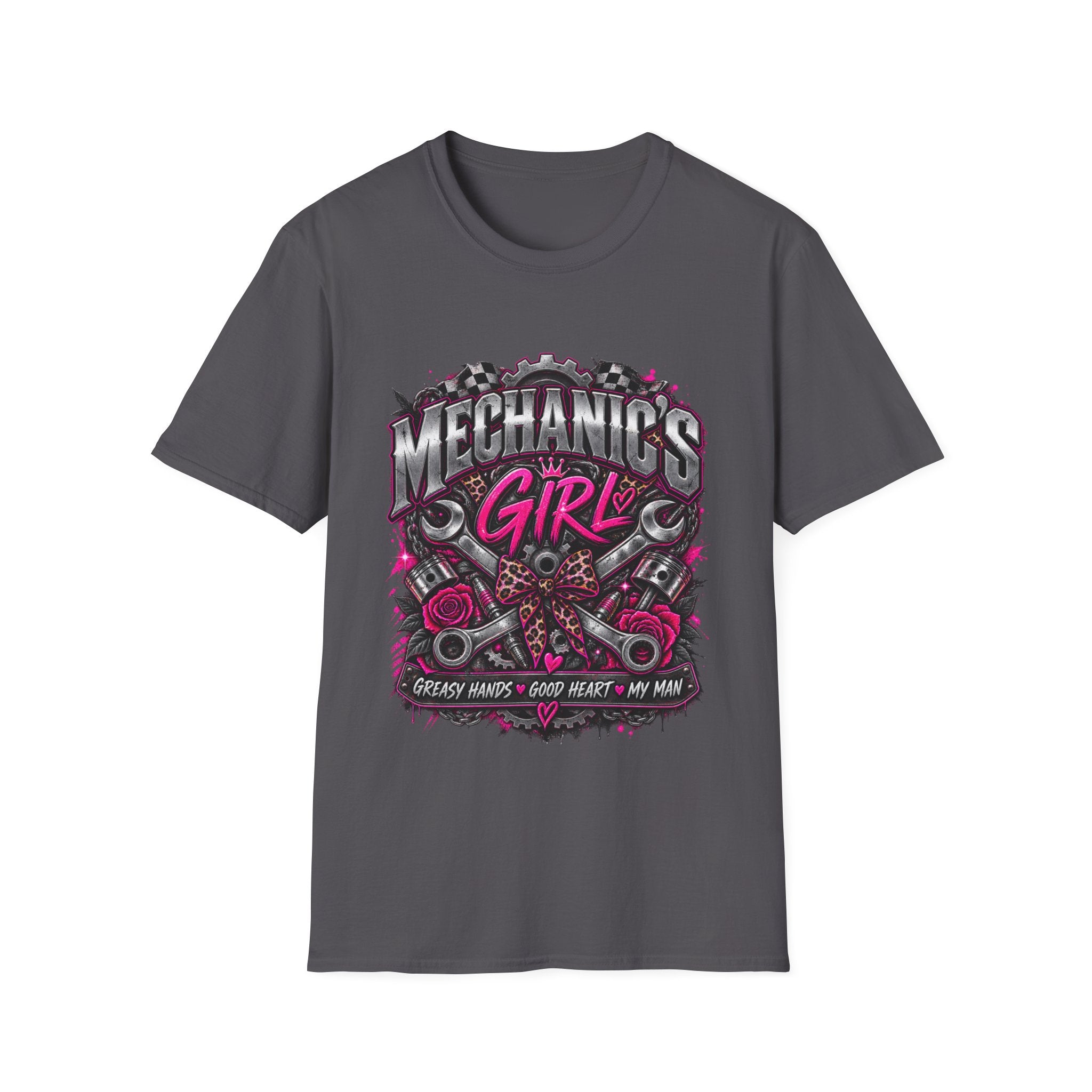 Mechanic's Girl T‑Shirt — Women's Automotive Crew Tee (Pink Gears & Wrenches)