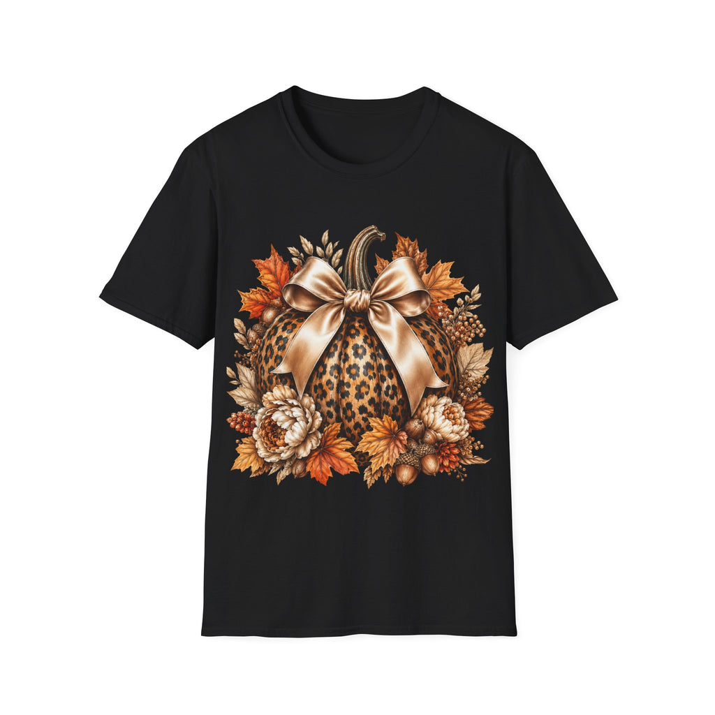 Leopard Pumpkin Fall T-Shirt — Autumn Bow & Leaves Graphic Tee