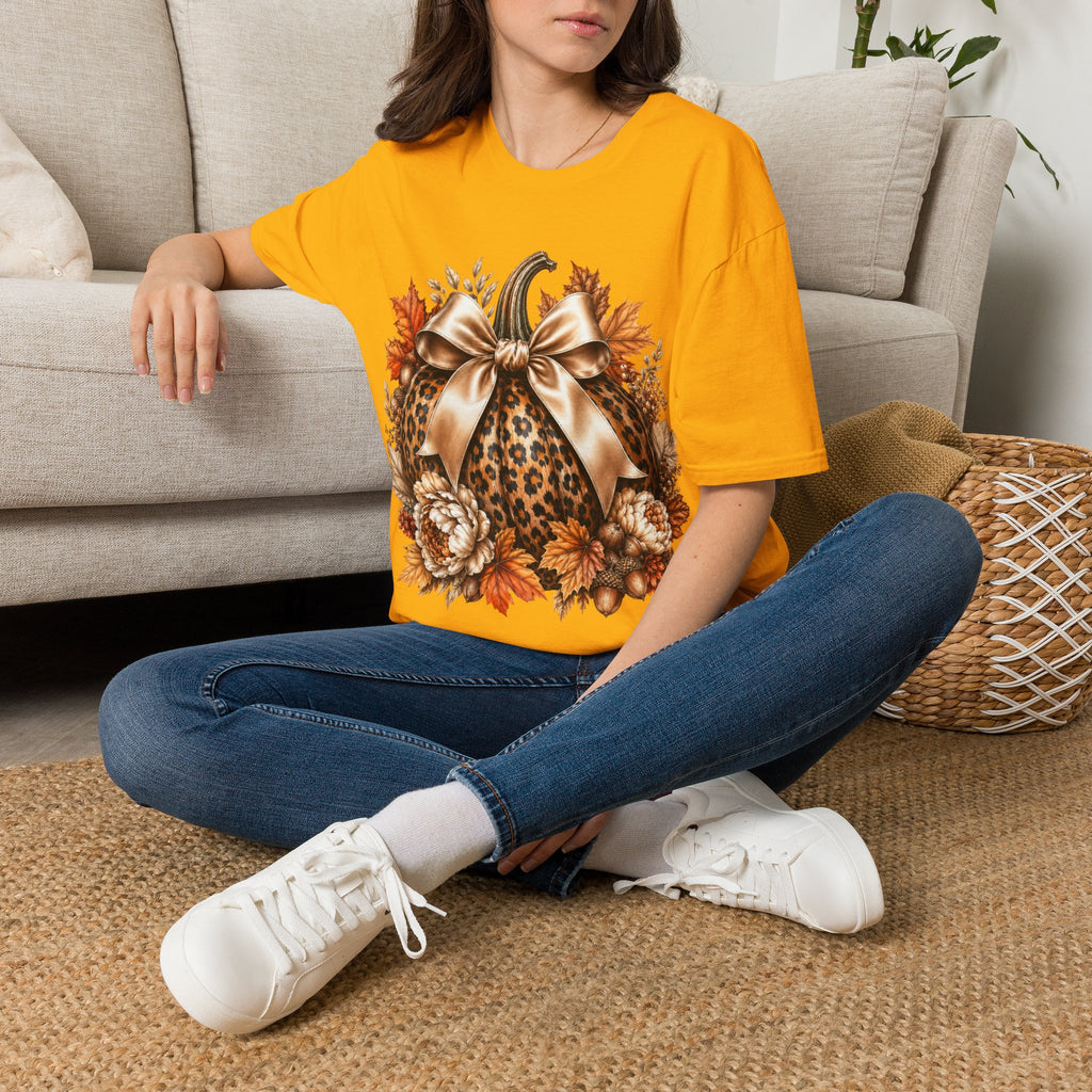 Leopard Pumpkin Fall T-Shirt — Autumn Bow & Leaves Graphic Tee