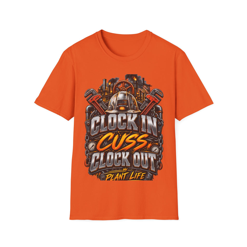 Clock In, Cuss Out Mechanic T‑Shirt — Vintage Industrial Worker Design