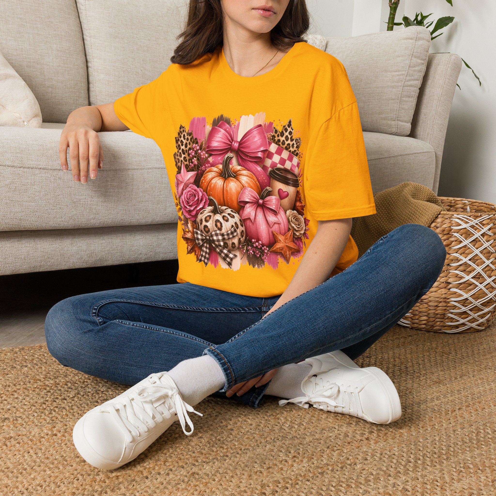 Pumpkin Bow Graphic T‑Shirt — Pink Fall Pumpkin & Leopard Coffee Tee