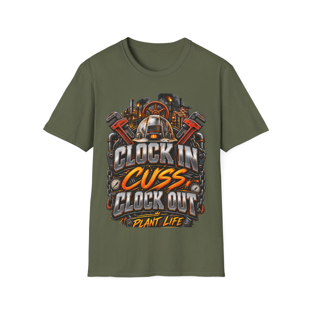 Clock In, Cuss Out Mechanic T‑Shirt — Vintage Industrial Worker Design