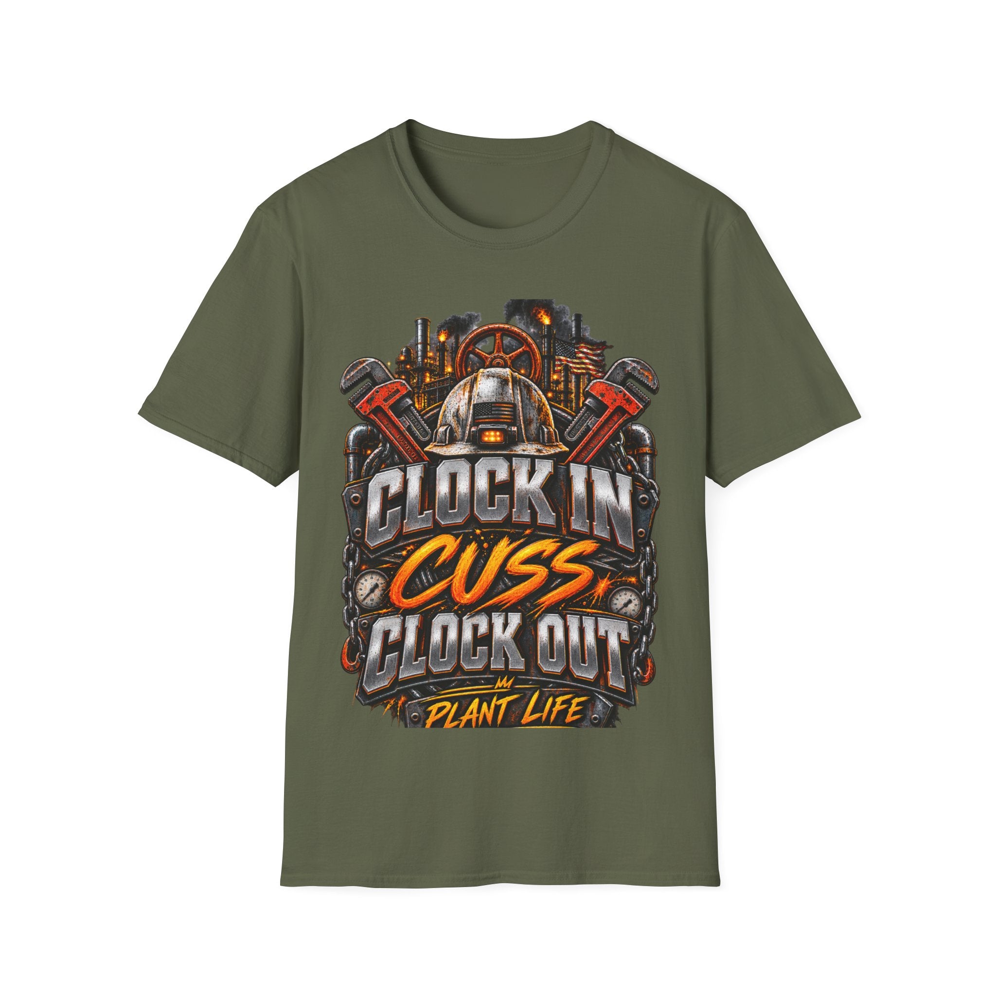 Clock In, Cuss Out Mechanic T‑Shirt — Vintage Industrial Worker Design