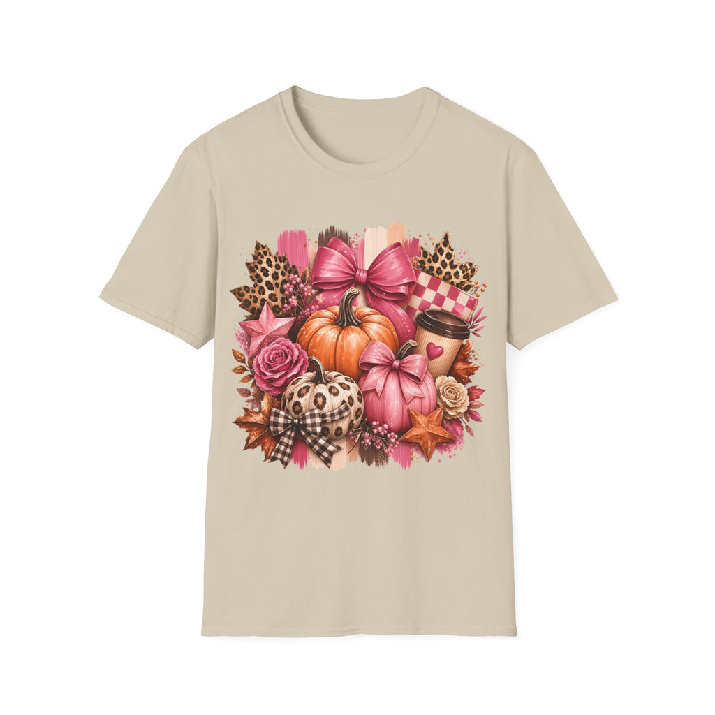 Pumpkin Bow Graphic T‑Shirt — Pink Fall Pumpkin & Leopard Coffee Tee