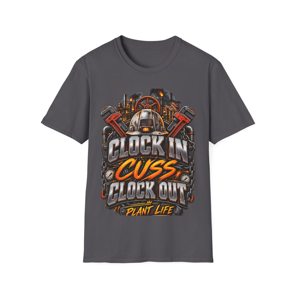 Clock In, Cuss Out Mechanic T‑Shirt — Vintage Industrial Worker Design