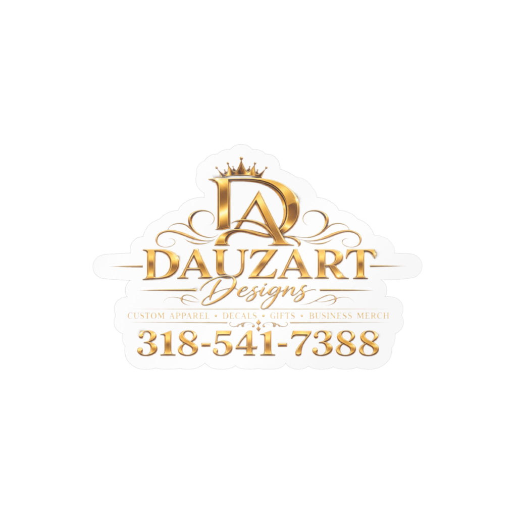 Logo Vinyl Decal — Gold "Dauzart Designs" Kiss-Cut Sticker with Phone Number