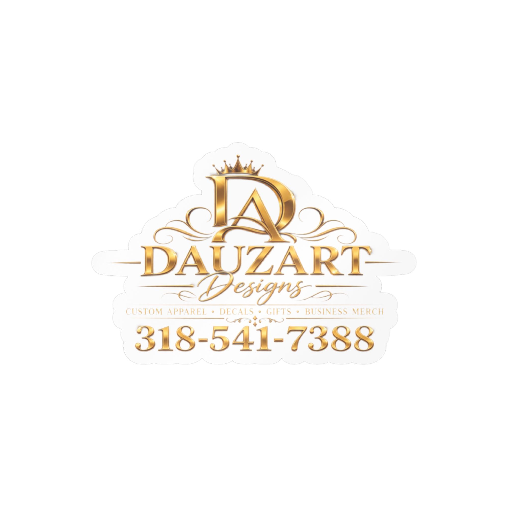 Logo Vinyl Decal — Gold "Dauzart Designs" Kiss-Cut Sticker with Phone Number