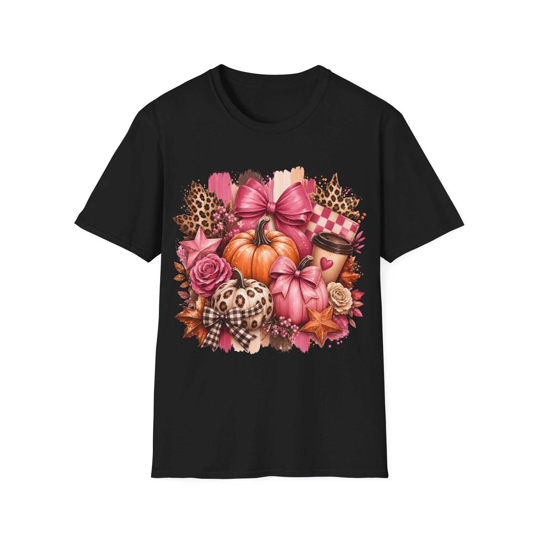 Pumpkin Bow Graphic T‑Shirt — Pink Fall Pumpkin & Leopard Coffee Tee