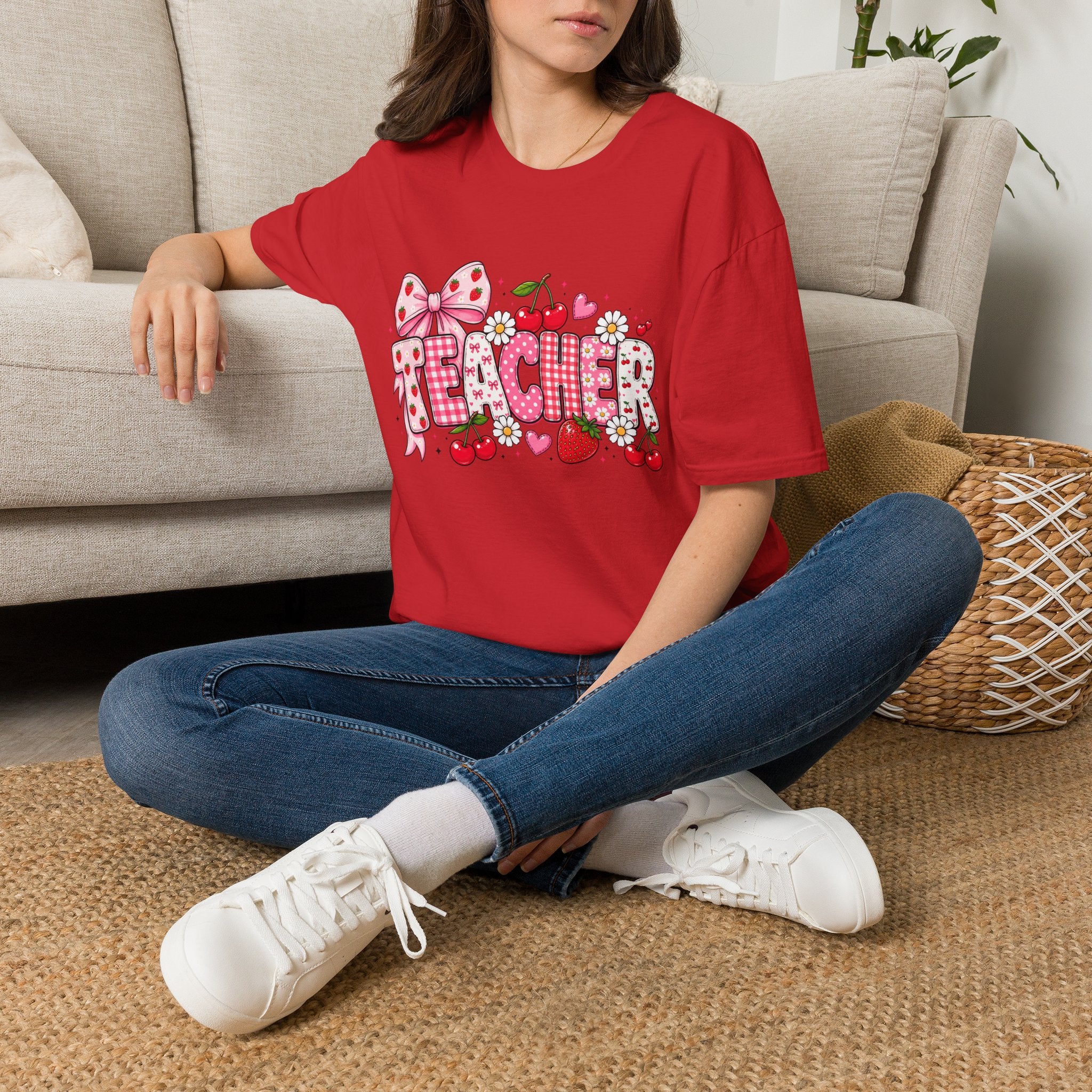 Teacher Graphic Tee — Cute Strawberry & Cherry Floral Design