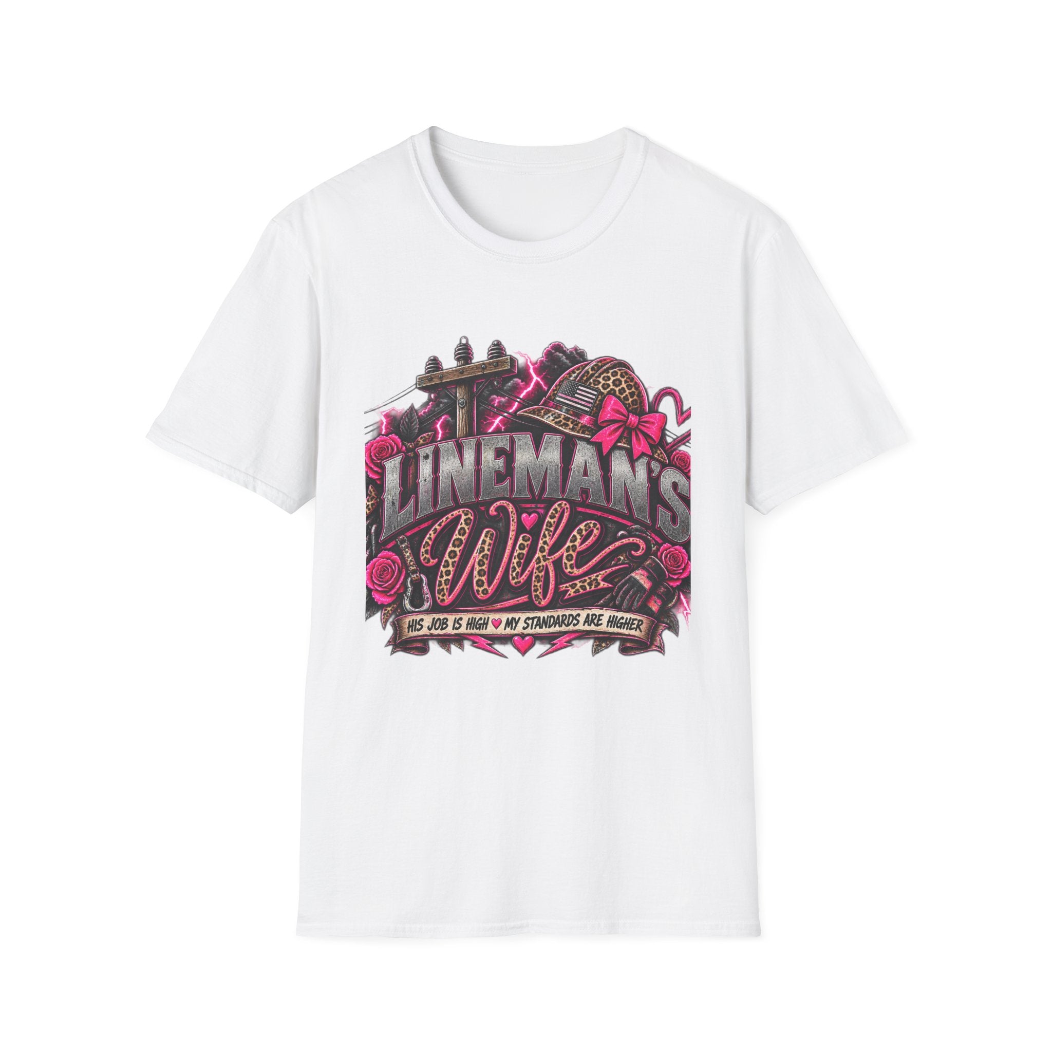 Lineman's Wife T‑Shirt — Pink Floral Lineman Crew Design