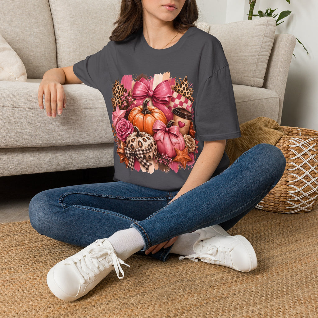 Pumpkin Bow Graphic T‑Shirt — Pink Fall Pumpkin & Leopard Coffee Tee