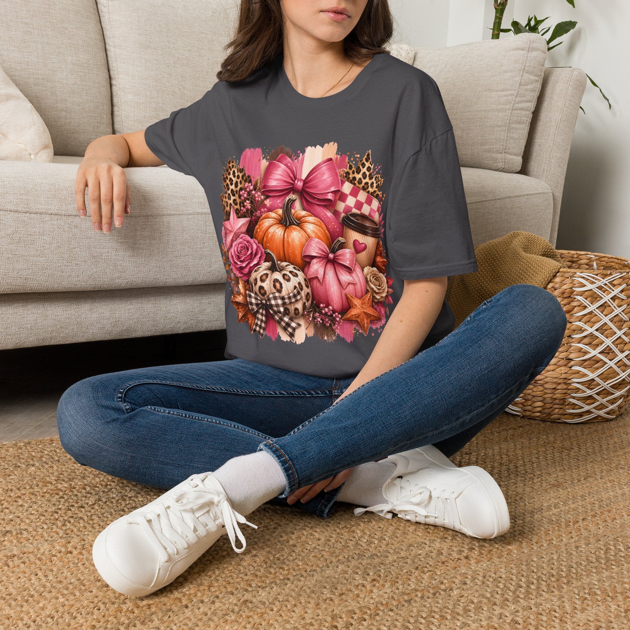 Pumpkin Bow Graphic T‑Shirt — Pink Fall Pumpkin & Leopard Coffee Tee