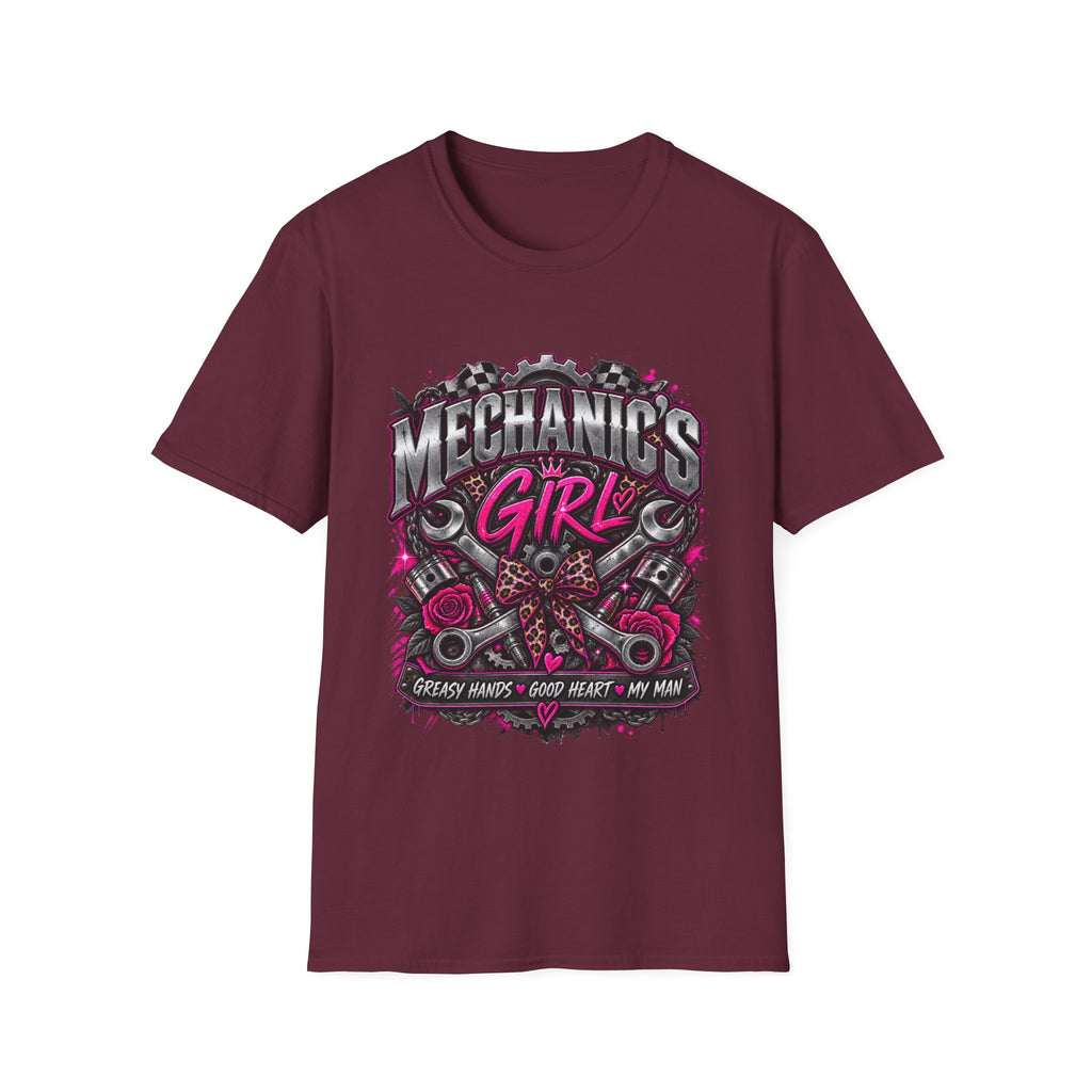 Mechanic's Girl T‑Shirt — Women's Automotive Crew Tee (Pink Gears & Wrenches)