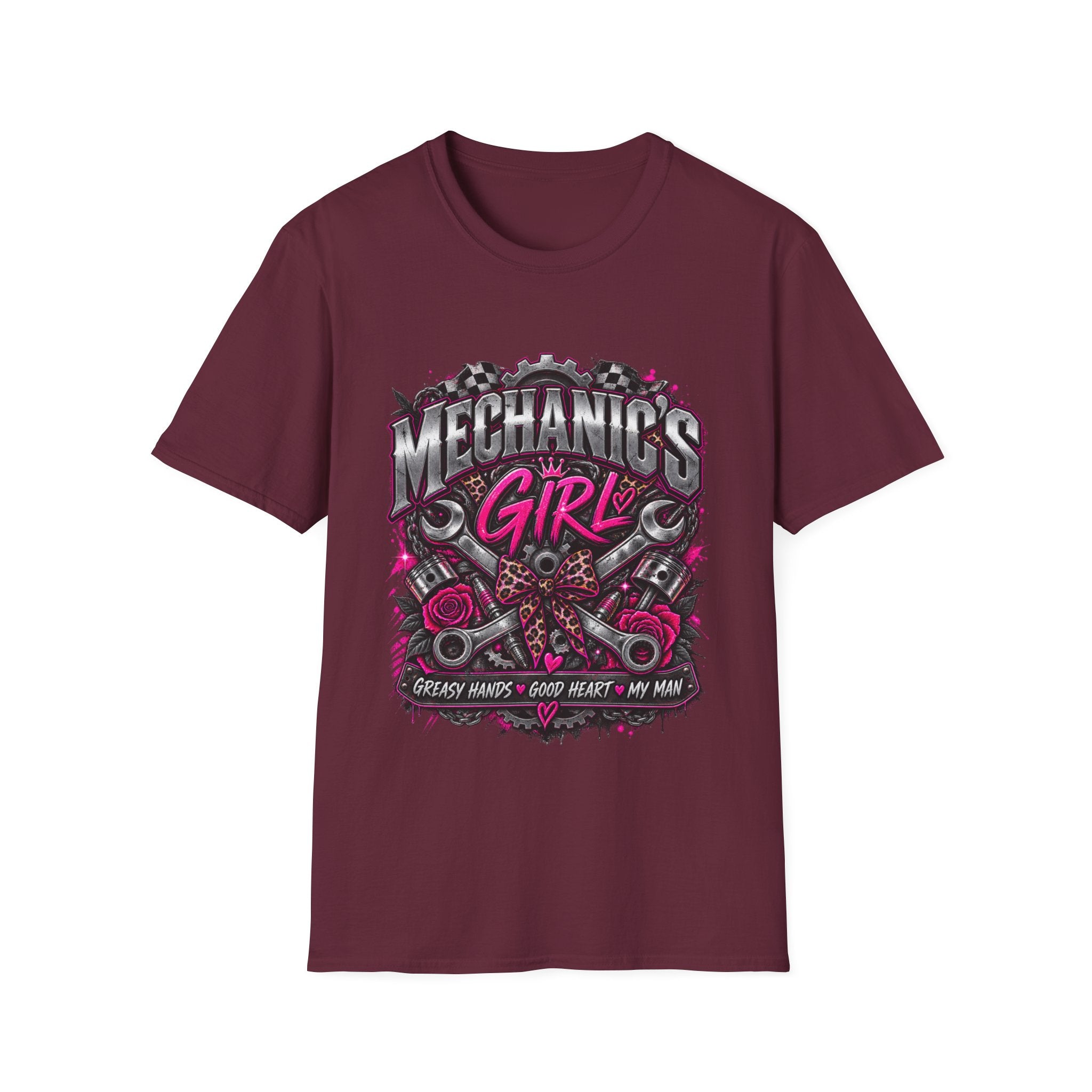 Mechanic's Girl T‑Shirt — Women's Automotive Crew Tee (Pink Gears & Wrenches)