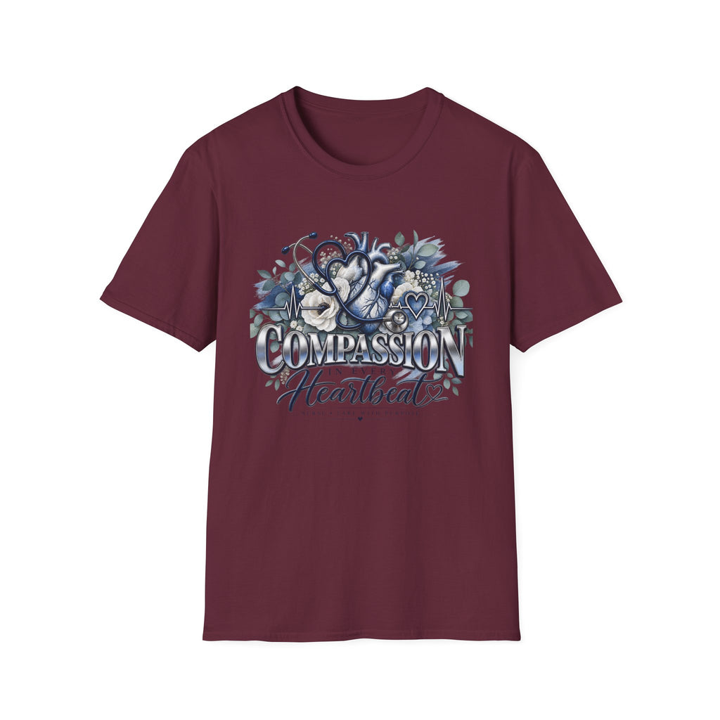 Compassion Heartbeat T-Shirt — Stethoscope & Floral Nurse Medical Tee