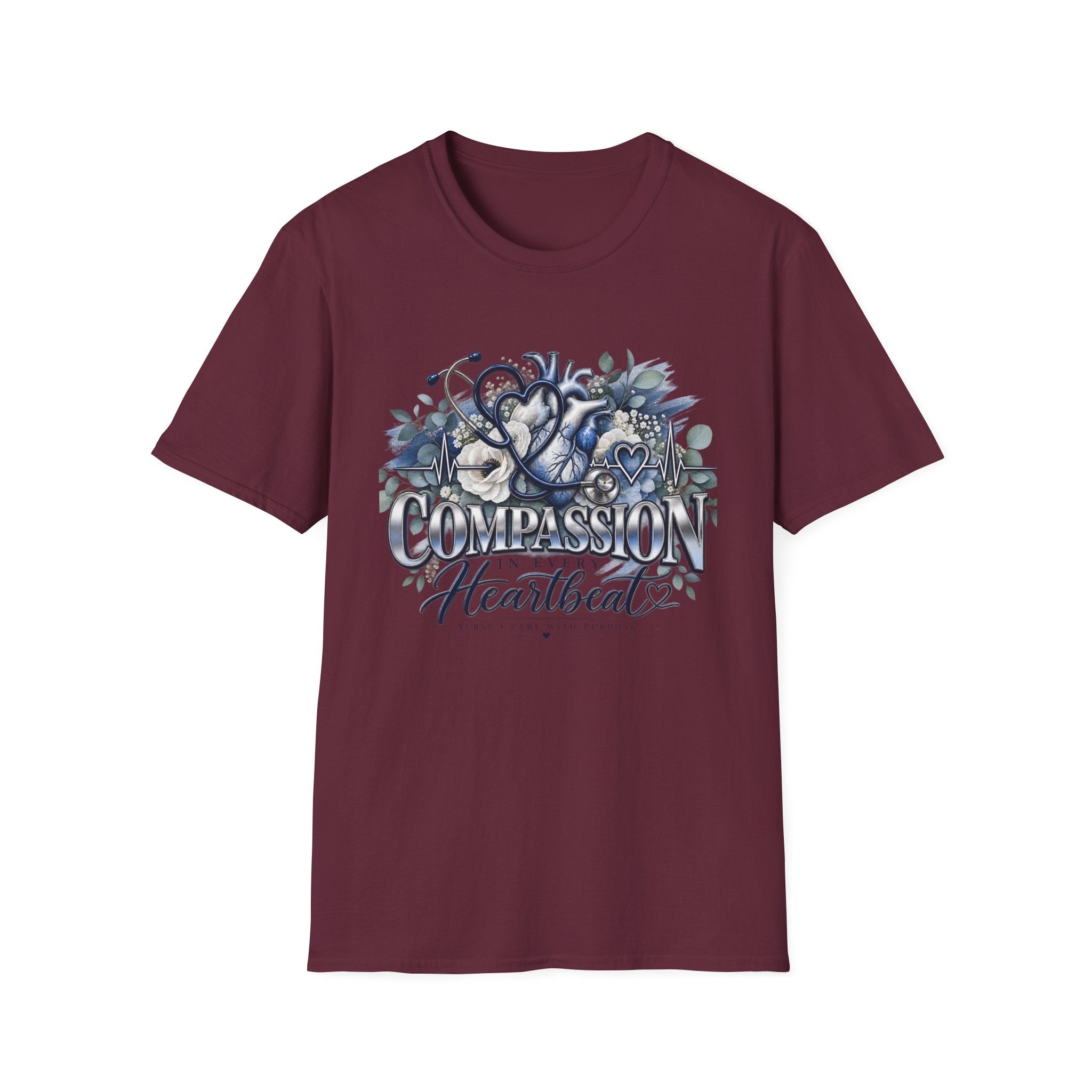 Compassion Heartbeat T-Shirt — Stethoscope & Floral Nurse Medical Tee