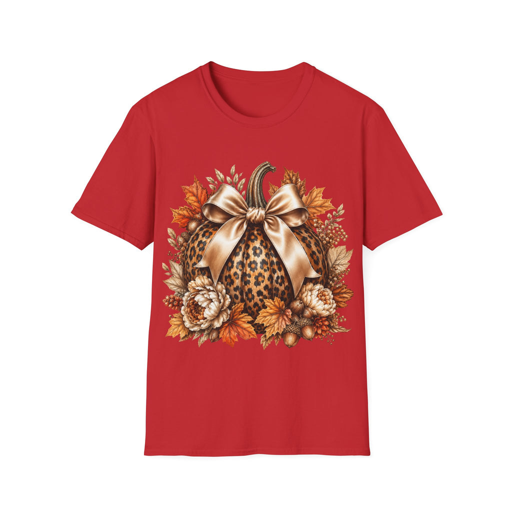 Leopard Pumpkin Fall T-Shirt — Autumn Bow & Leaves Graphic Tee