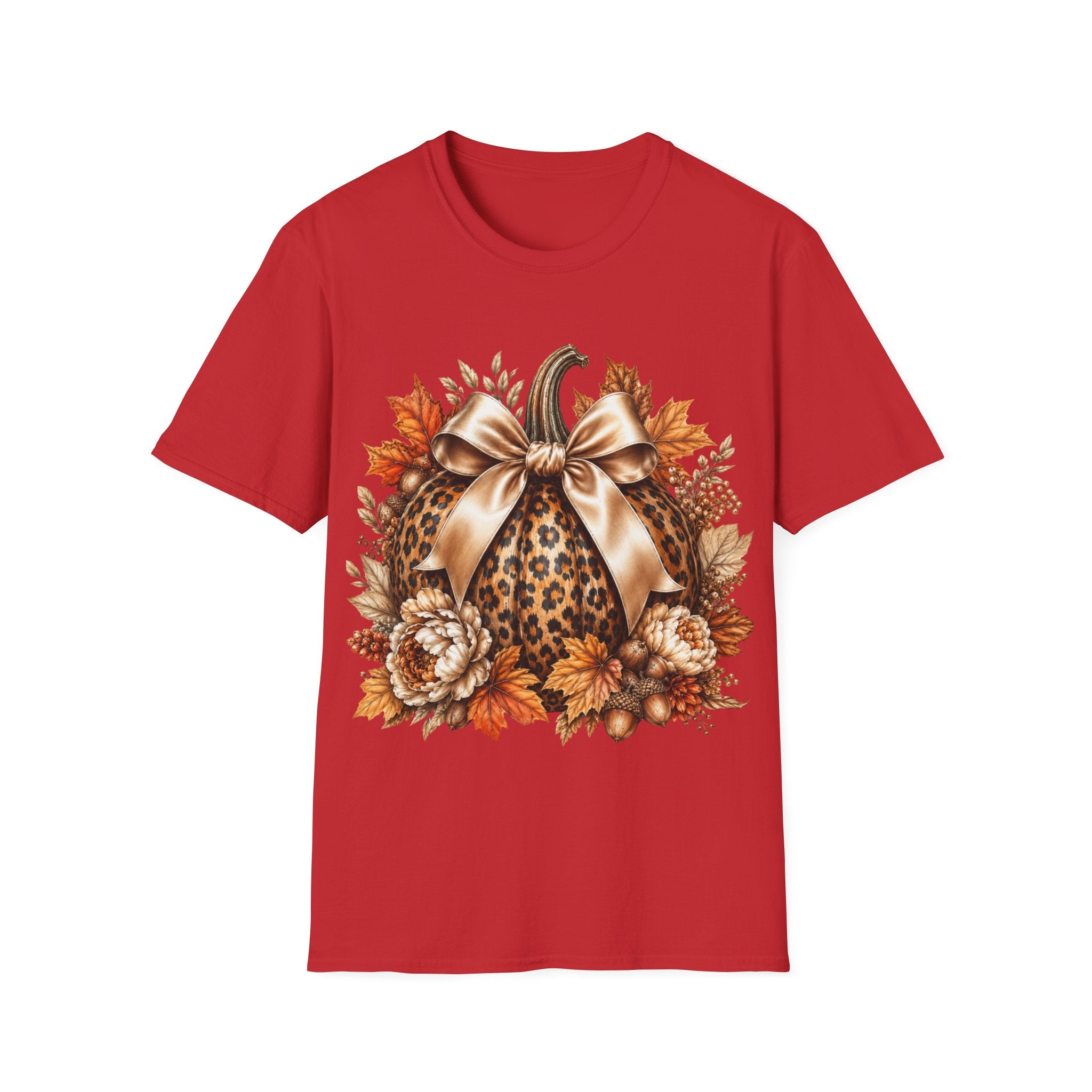Leopard Pumpkin Fall T-Shirt — Autumn Bow & Leaves Graphic Tee