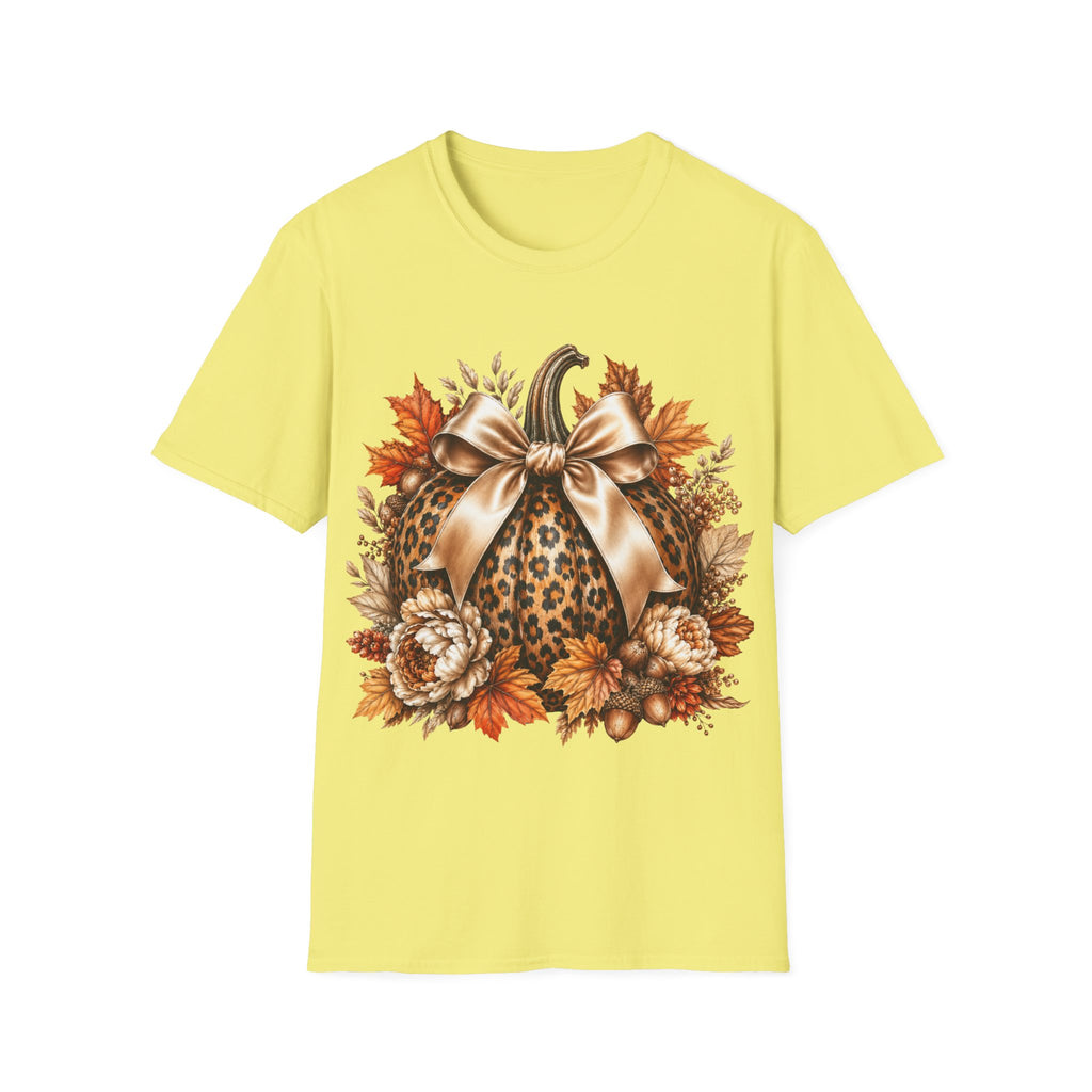 Leopard Pumpkin Fall T-Shirt — Autumn Bow & Leaves Graphic Tee