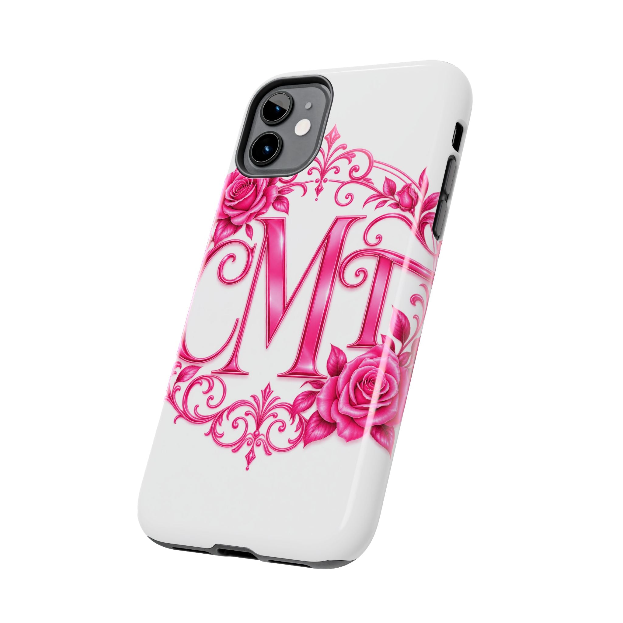 Monogram Pink Rose Tough Phone Case — Personalized Floral Initials iPhone Case