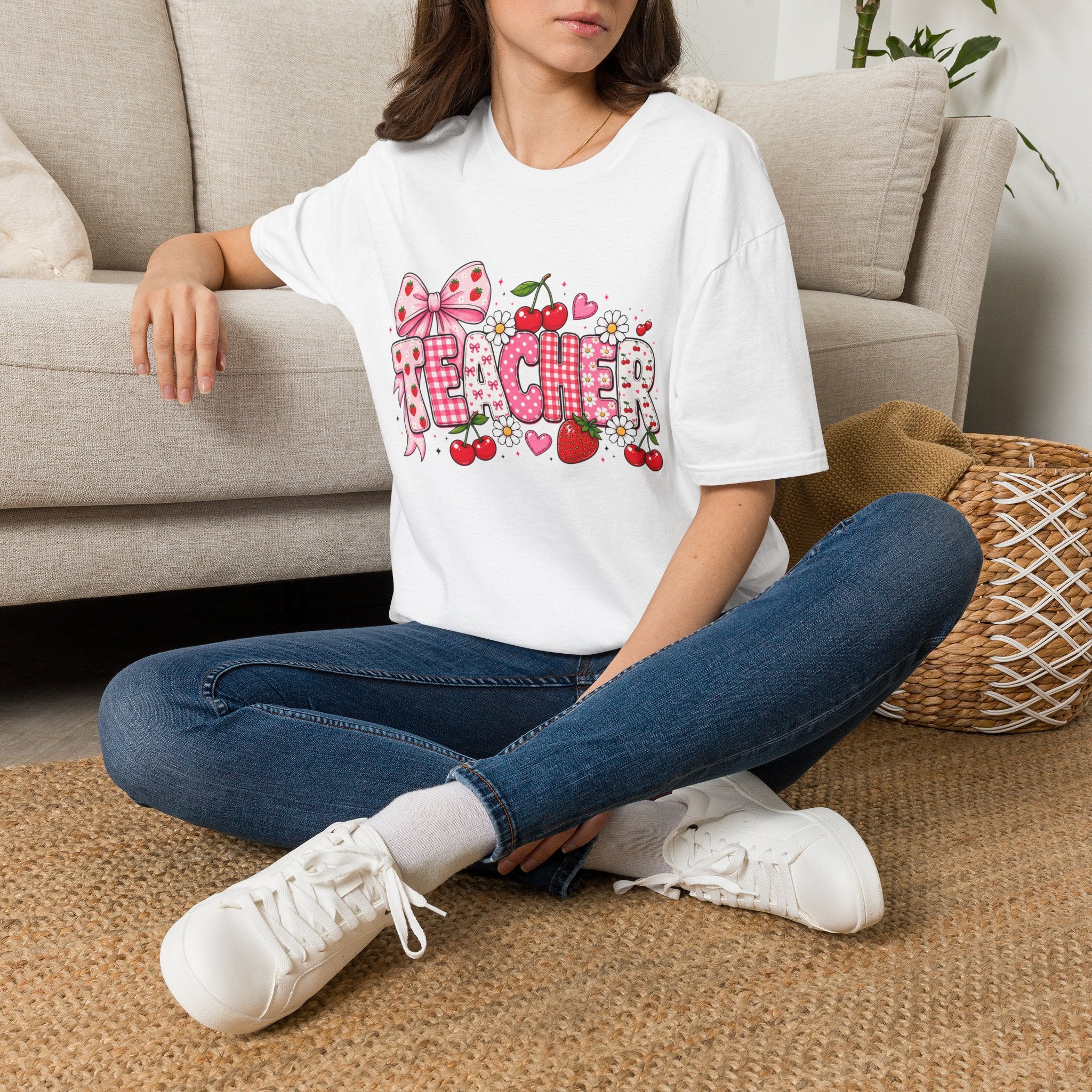 Teacher Graphic Tee — Cute Strawberry & Cherry Floral Design