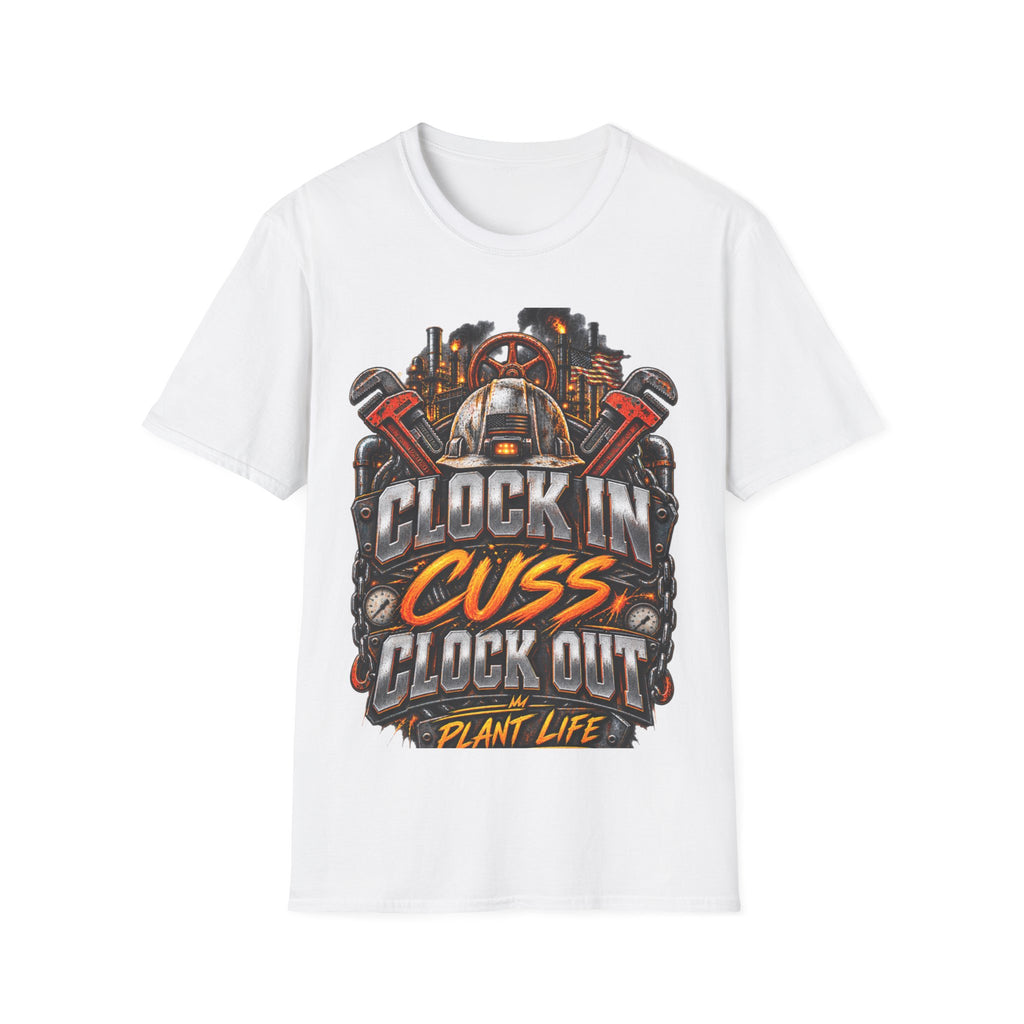 Clock In, Cuss Out Mechanic T‑Shirt — Vintage Industrial Worker Design