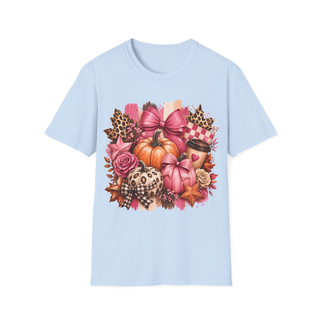 Pumpkin Bow Graphic T‑Shirt — Pink Fall Pumpkin & Leopard Coffee Tee