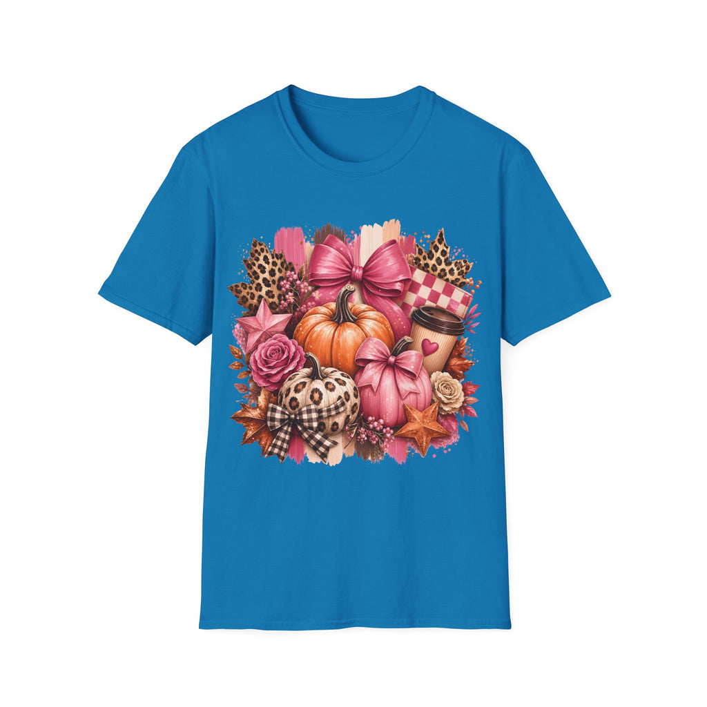 Pumpkin Bow Graphic T‑Shirt — Pink Fall Pumpkin & Leopard Coffee Tee
