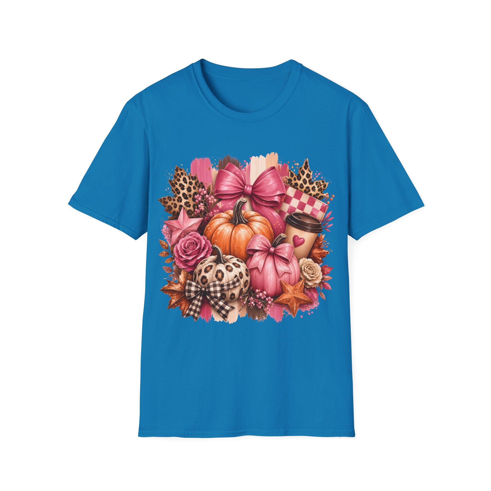 Pumpkin Bow Graphic T‑Shirt — Pink Fall Pumpkin & Leopard Coffee Tee