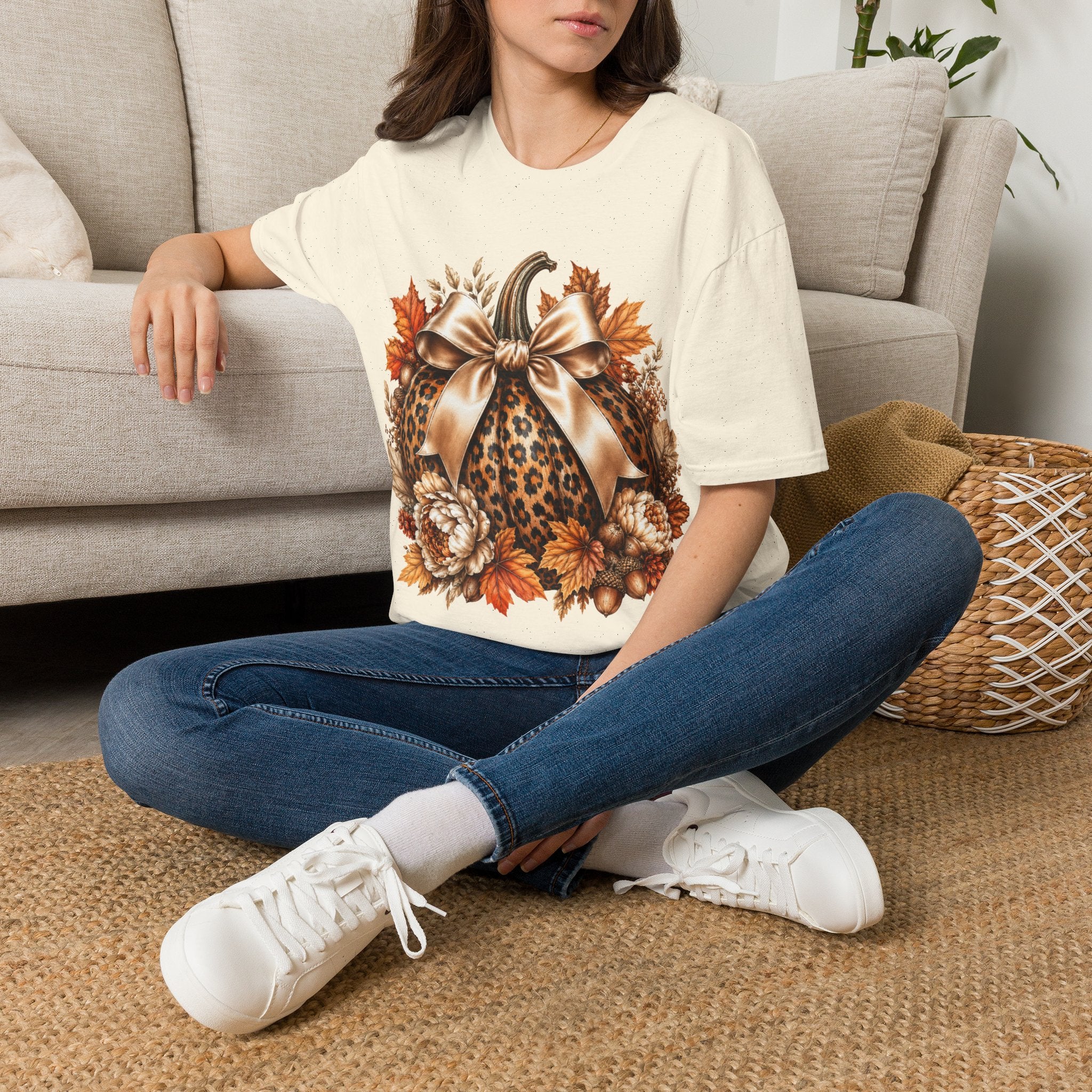 Leopard Pumpkin Fall T-Shirt — Autumn Bow & Leaves Graphic Tee