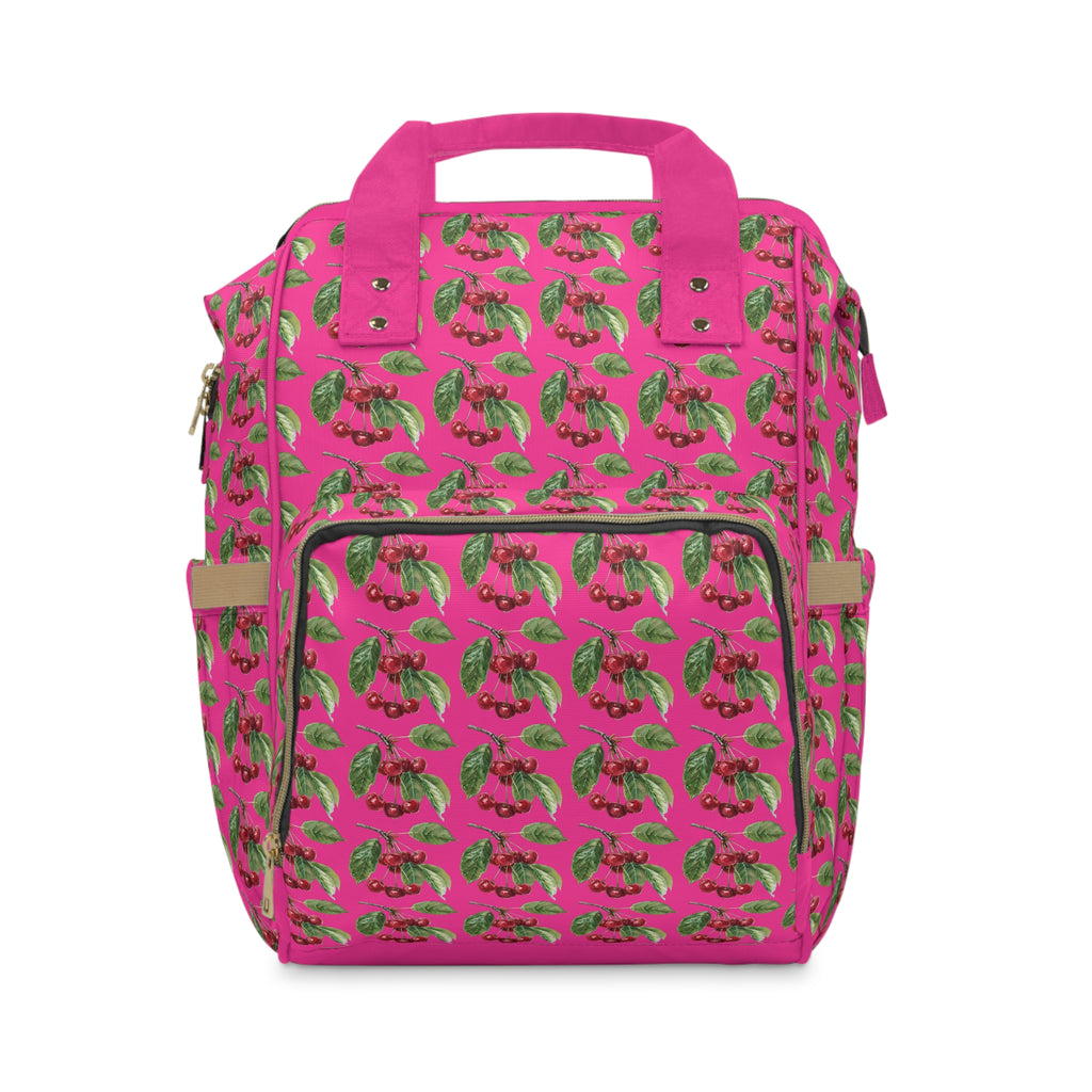 Diaper Backpack — Pink Tropical Cherries Multifunctional Baby Bag