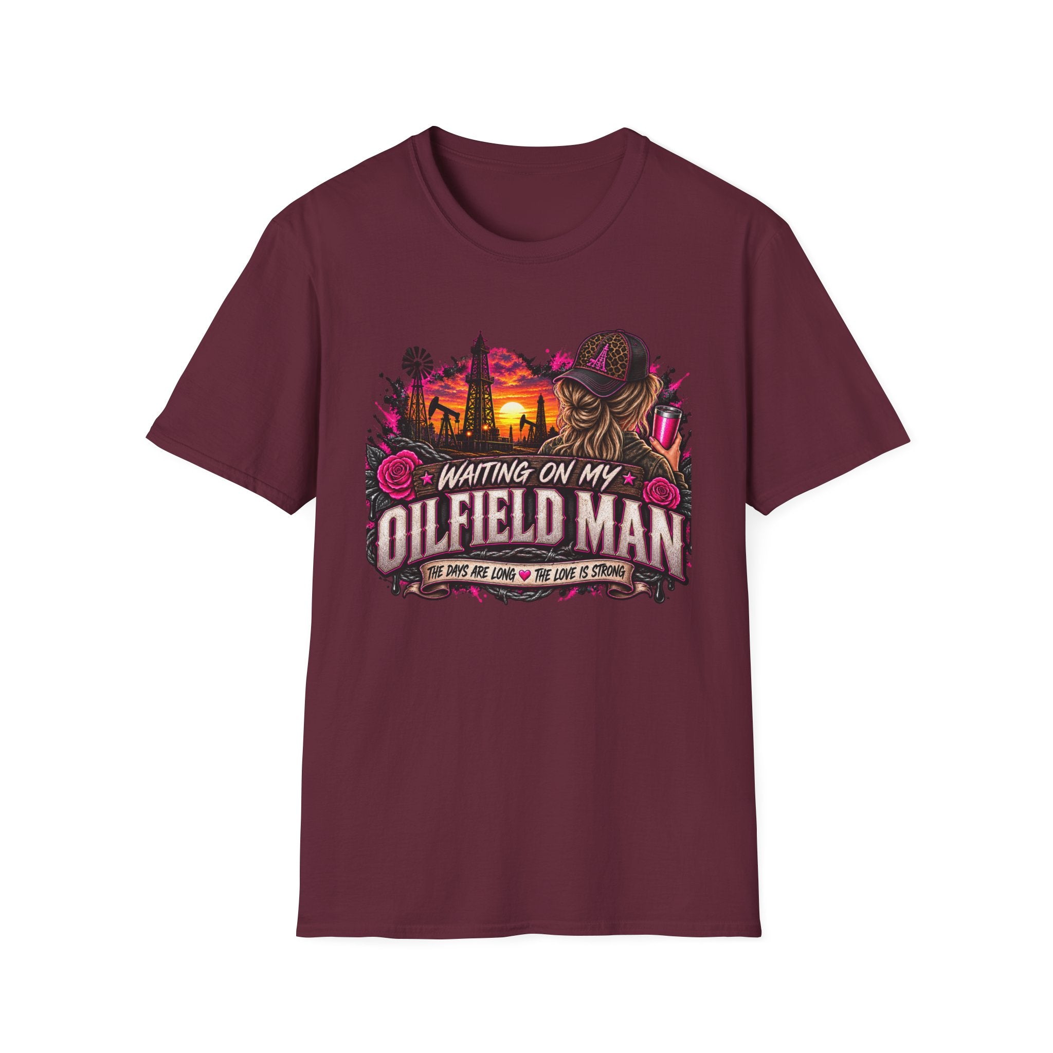 Waiting On My Oilfield Man T-Shirt — Vintage Sunset Oilfield Lady Tee