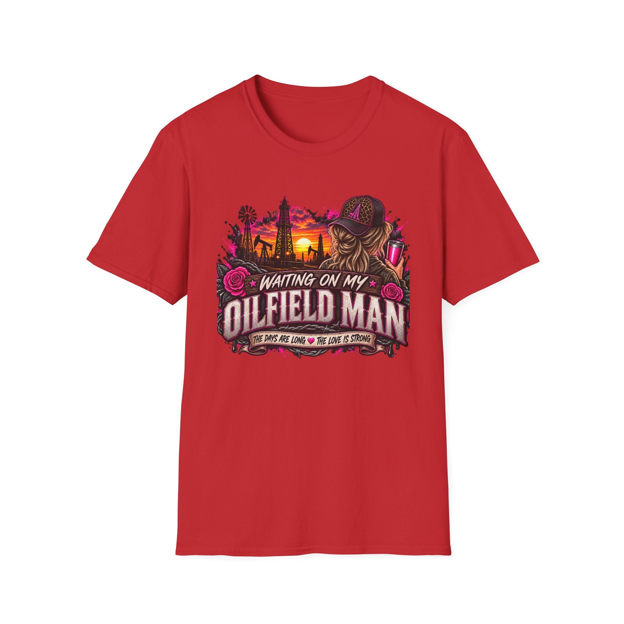 Waiting On My Oilfield Man T-Shirt — Vintage Sunset Oilfield Lady Tee
