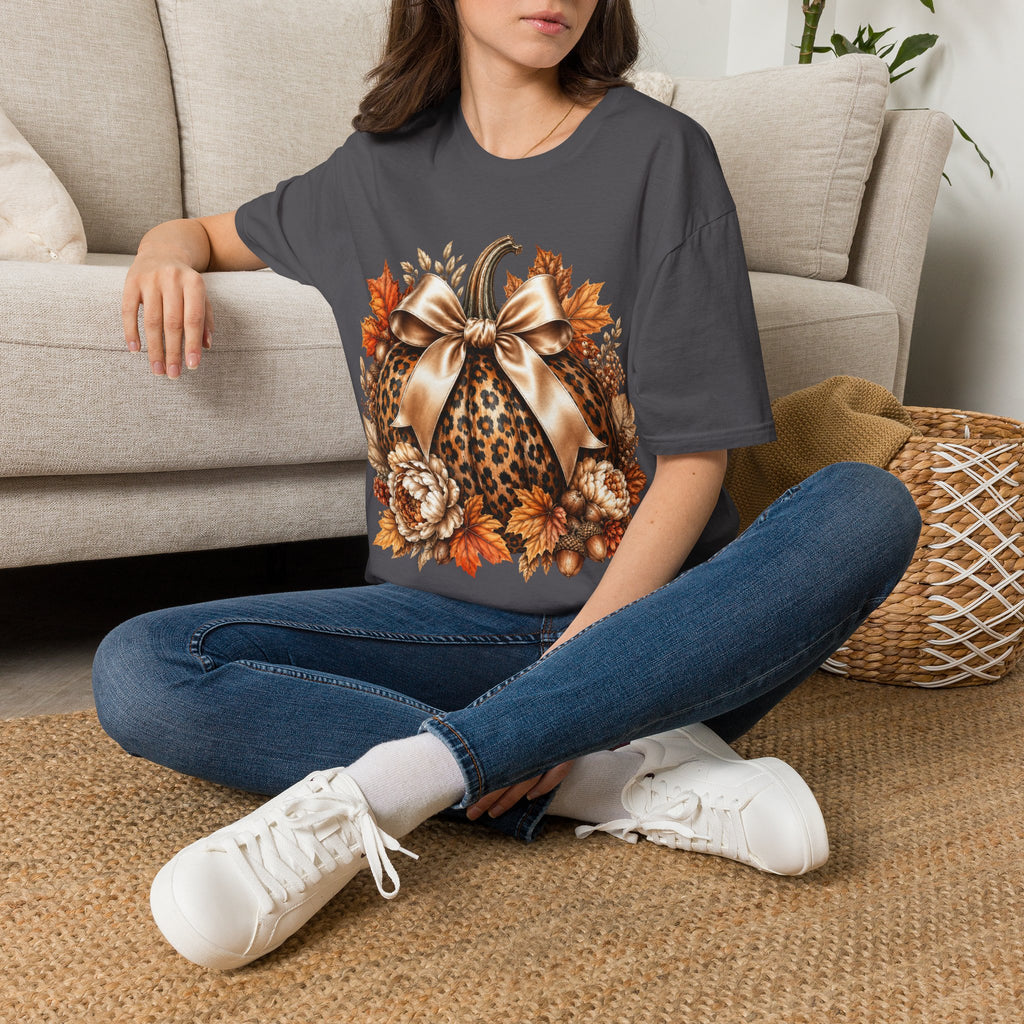 Leopard Pumpkin Fall T-Shirt — Autumn Bow & Leaves Graphic Tee