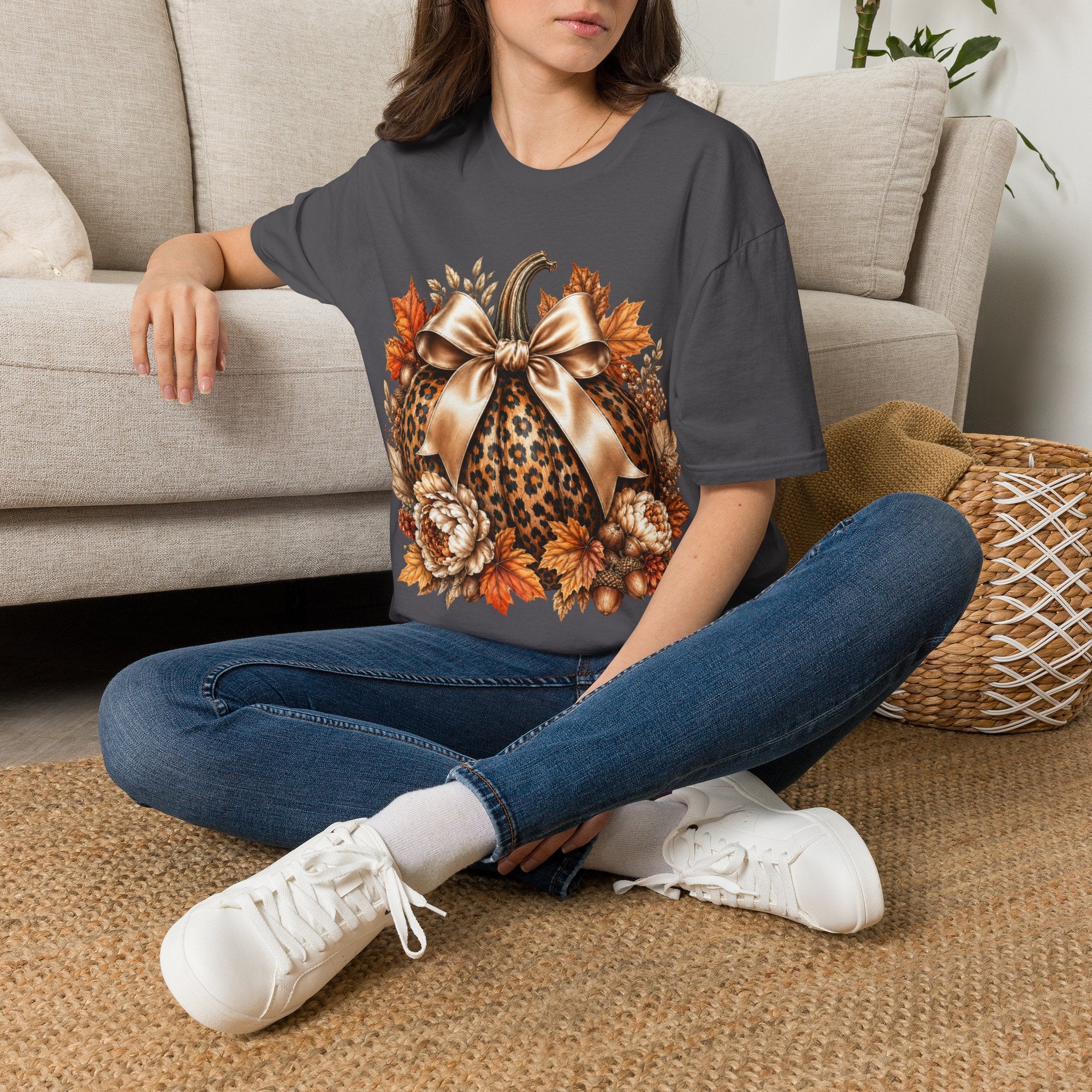 Leopard Pumpkin Fall T-Shirt — Autumn Bow & Leaves Graphic Tee