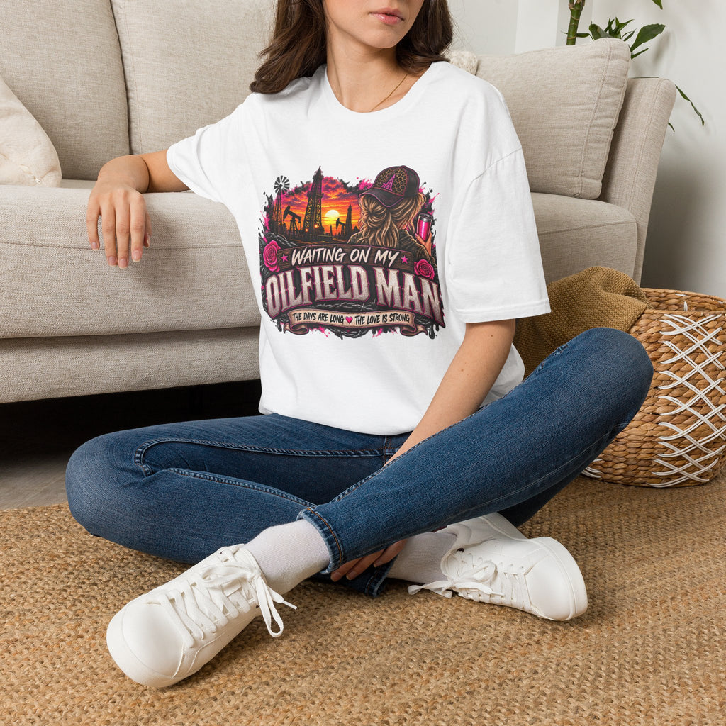 Waiting On My Oilfield Man T-Shirt — Vintage Sunset Oilfield Lady Tee