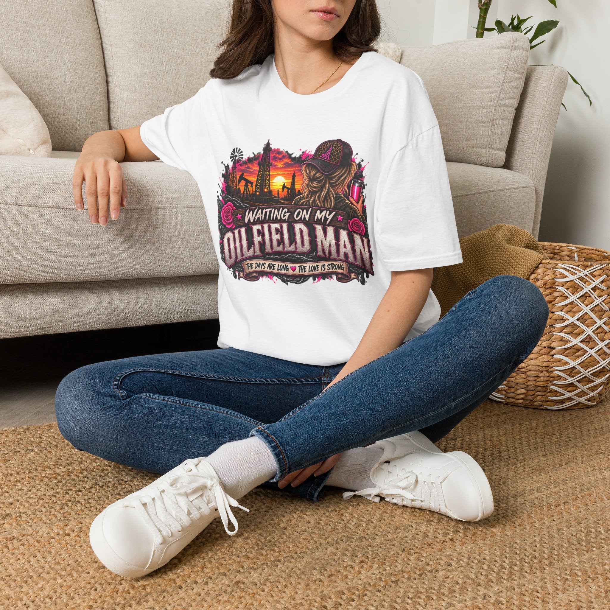 Waiting On My Oilfield Man T-Shirt — Vintage Sunset Oilfield Lady Tee
