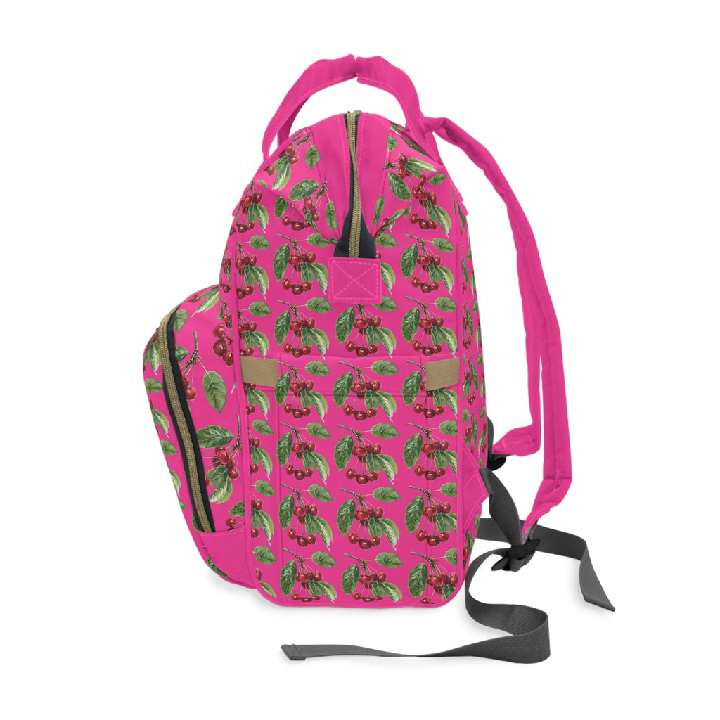Diaper Backpack — Pink Tropical Cherries Multifunctional Baby Bag