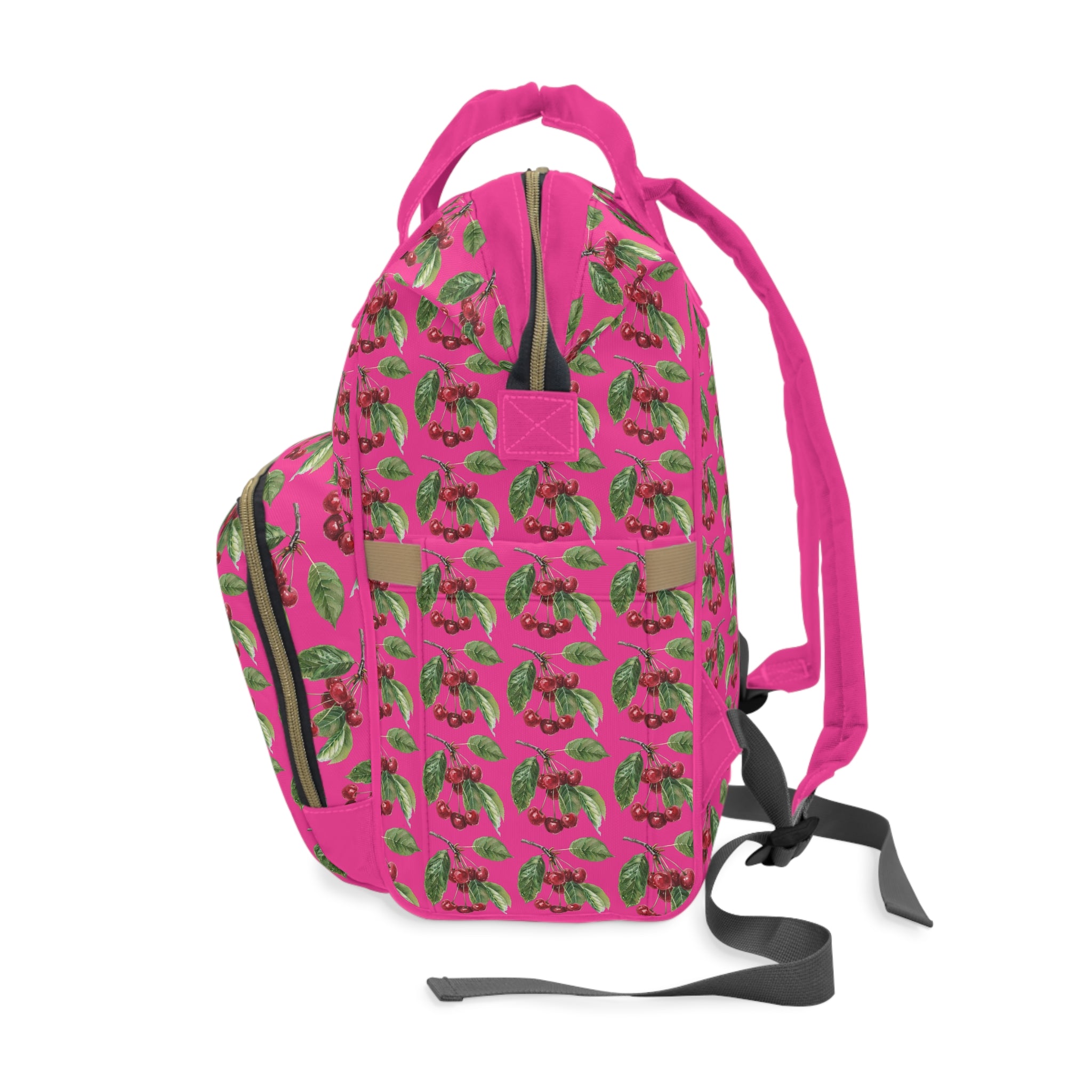 Diaper Backpack — Pink Tropical Cherries Multifunctional Baby Bag