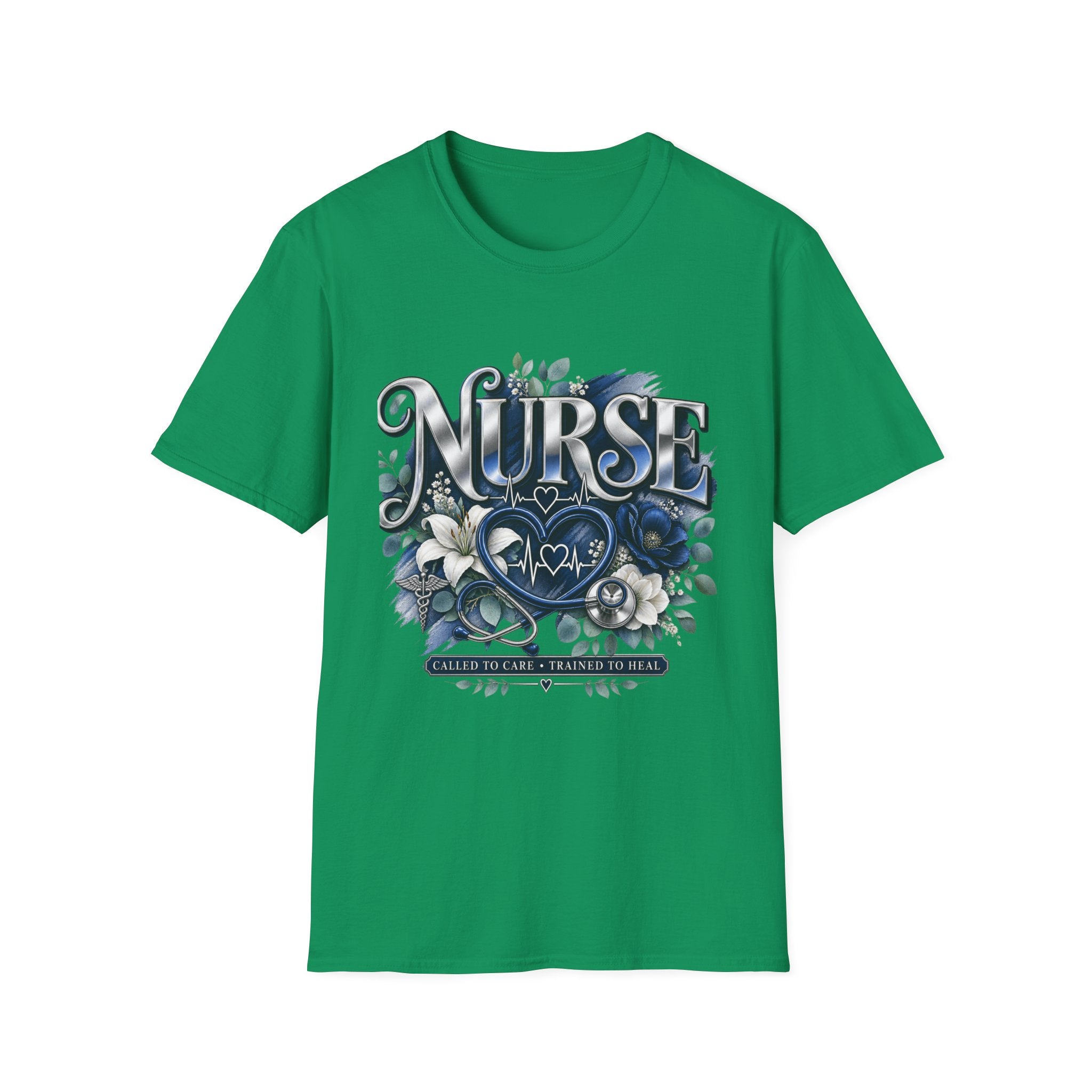 Nurse Floral Heart T‑Shirt — Blue Script Medical Pride Tee