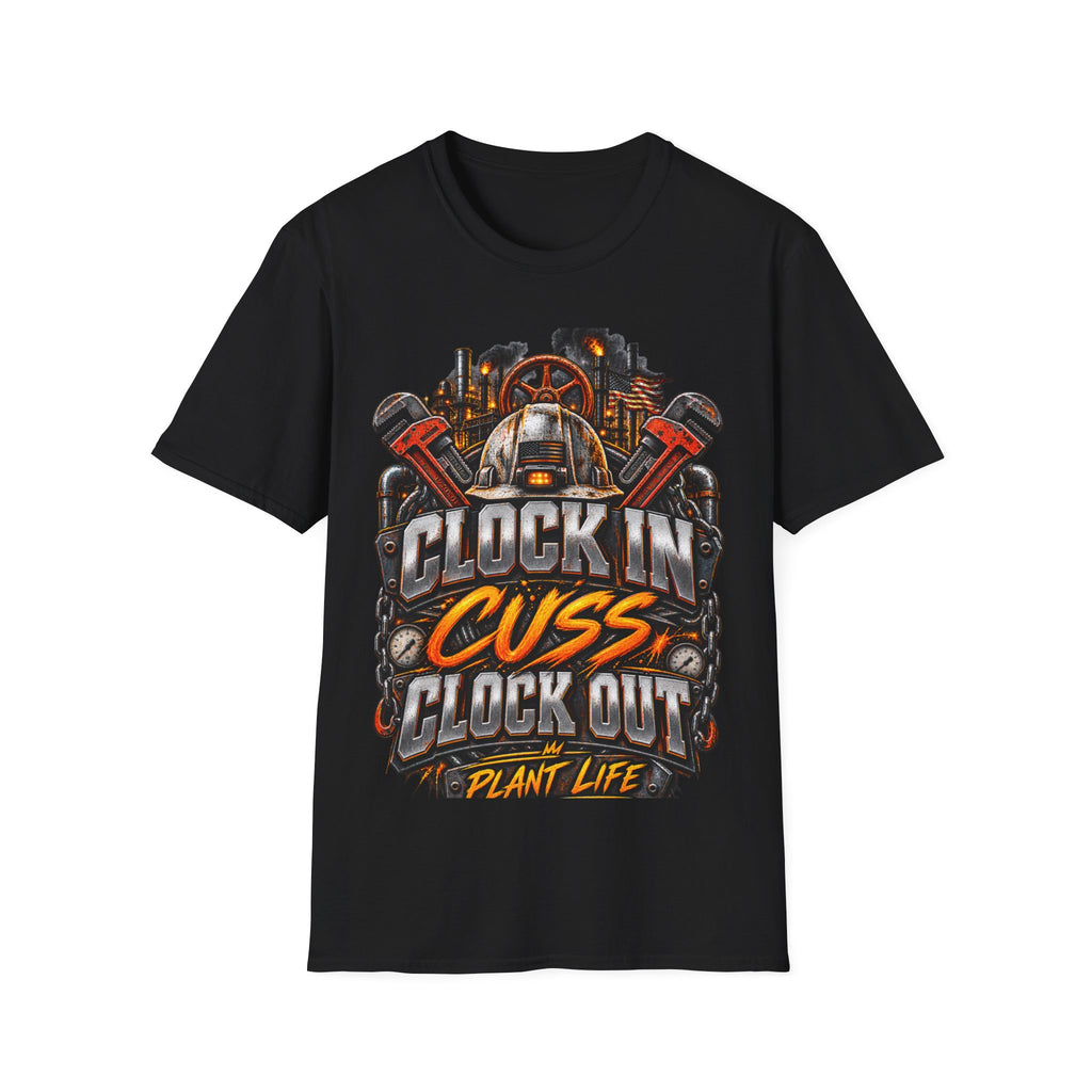 Clock In, Cuss Out Mechanic T‑Shirt — Vintage Industrial Worker Design