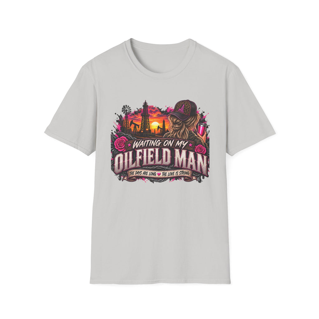 Waiting On My Oilfield Man T-Shirt — Vintage Sunset Oilfield Lady Tee