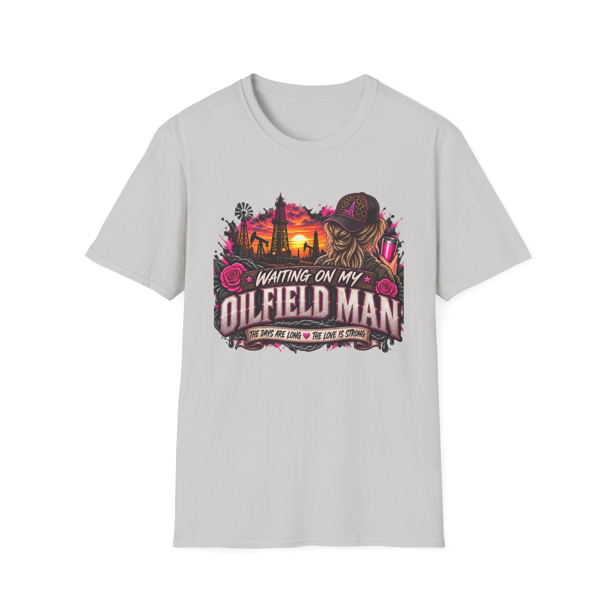 Waiting On My Oilfield Man T-Shirt — Vintage Sunset Oilfield Lady Tee