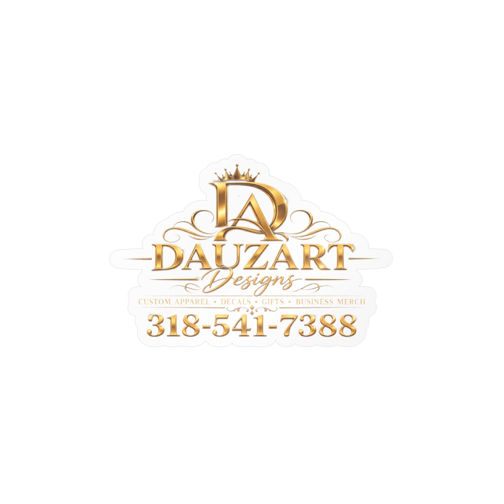 Logo Vinyl Decal — Gold "Dauzart Designs" Kiss-Cut Sticker with Phone Number