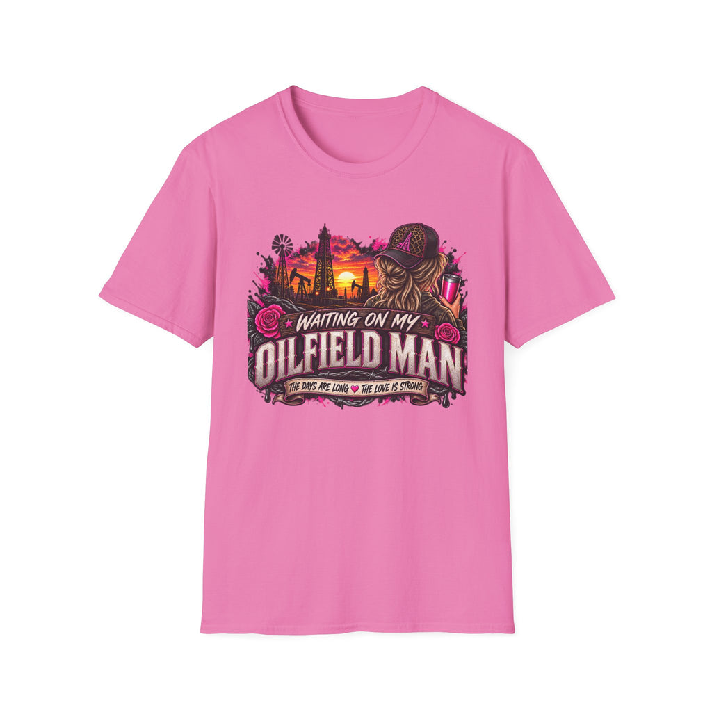 Waiting On My Oilfield Man T-Shirt — Vintage Sunset Oilfield Lady Tee