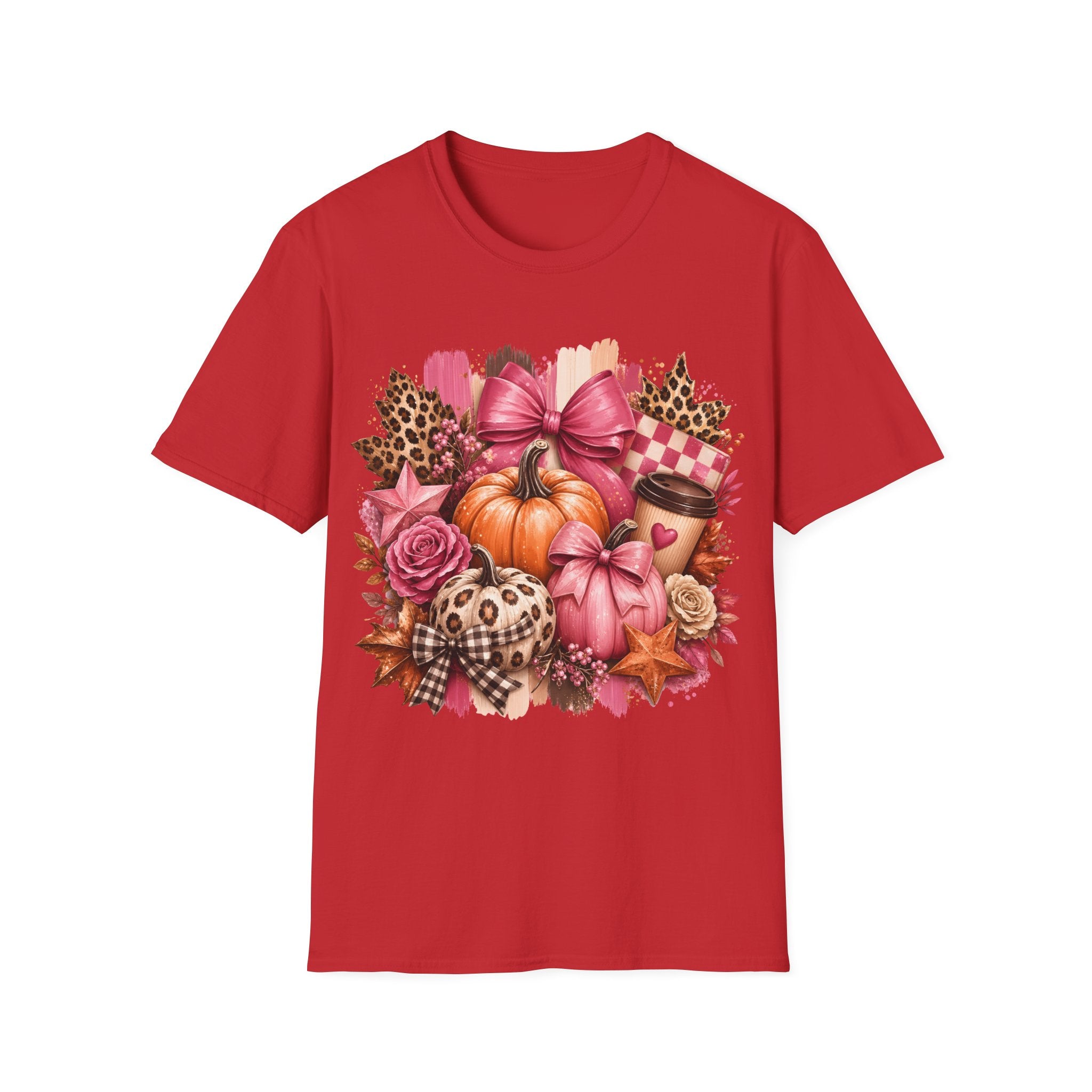 Pumpkin Bow Graphic T‑Shirt — Pink Fall Pumpkin & Leopard Coffee Tee