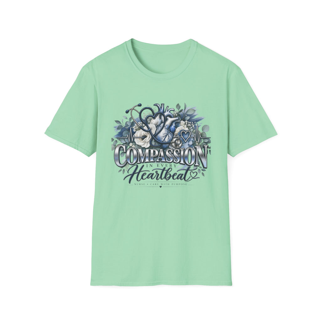 Compassion Heartbeat T-Shirt — Stethoscope & Floral Nurse Medical Tee