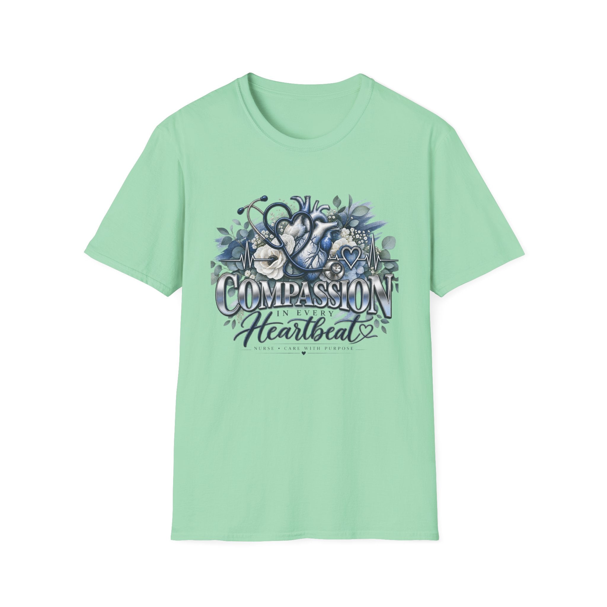Compassion Heartbeat T-Shirt — Stethoscope & Floral Nurse Medical Tee