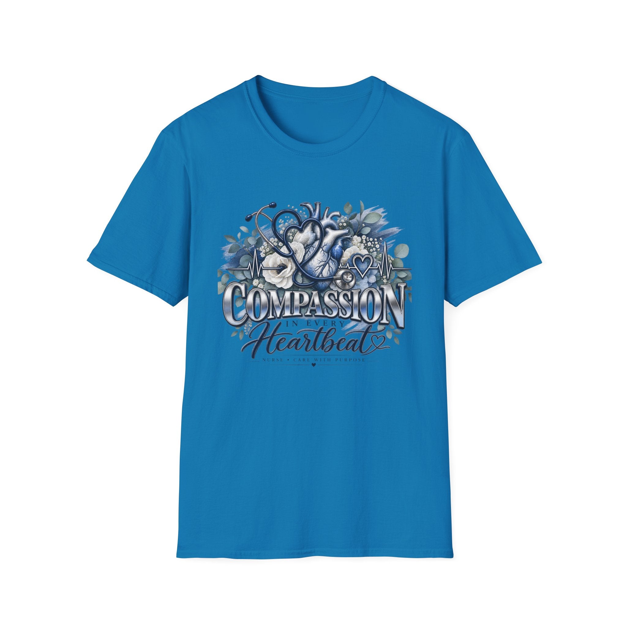 Compassion Heartbeat T-Shirt — Stethoscope & Floral Nurse Medical Tee