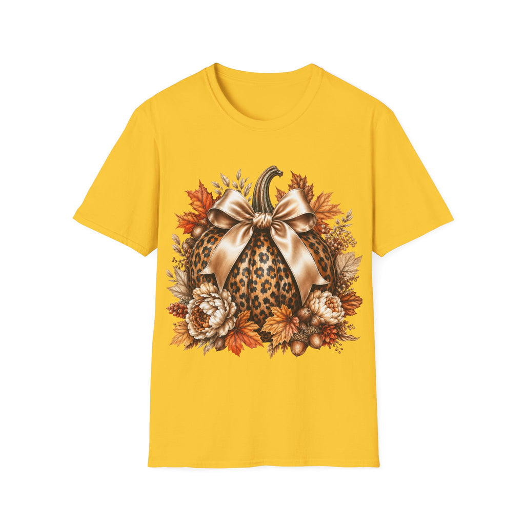 Leopard Pumpkin Fall T-Shirt — Autumn Bow & Leaves Graphic Tee